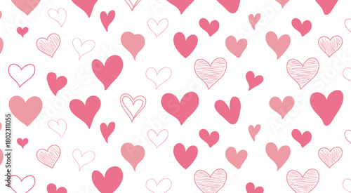 Seamless hand drawn heart pattern with romantic pink doodles on soft beige background, perfect for love, valentine, and wedding design