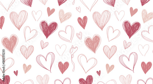 Seamless hand drawn heart pattern with romantic pink doodles on soft beige background, perfect for love, valentine, and wedding design