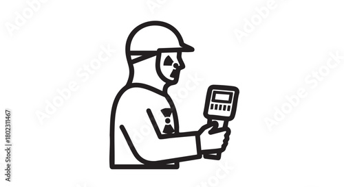Outline icon of an industrial worker in a hard hat using a handheld sensor to measure radiation or hazardous materials