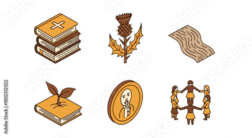 Isometric icons of books, nature, and community in warm tones