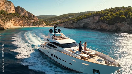 Luxury yacht sailing across turquoise water near a mountainous coastline on a bright sunny day overhead view