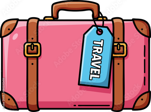 Vintage Pink Suitcase with 'TRAVEL' Tag Cartoon Vector Illustration