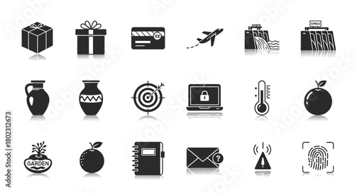 Versatile black silhouettes featuring travel, technology, and lifestyle icons