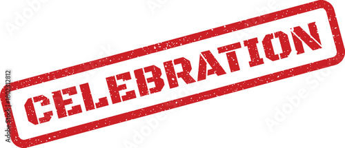 A festive distressed red rectangular rubber stamp prominently displaying the joyful word CELEBRATION on a white background