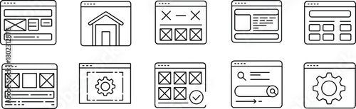 Set of black and white web design and user interface icons showing website layout, homepage, settings, search, and development concept