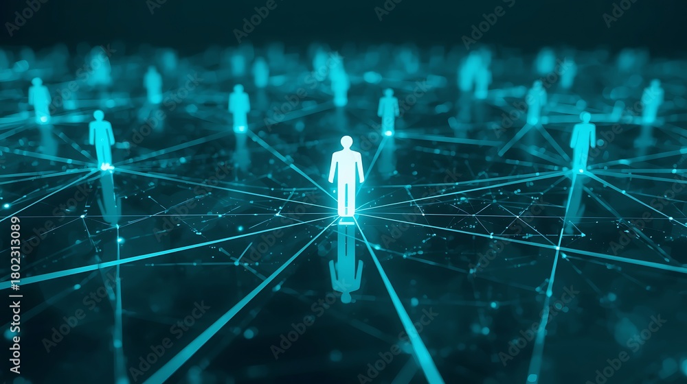 Obraz premium Network of glowing human figures connected by lines in a futuristic blue digital environment