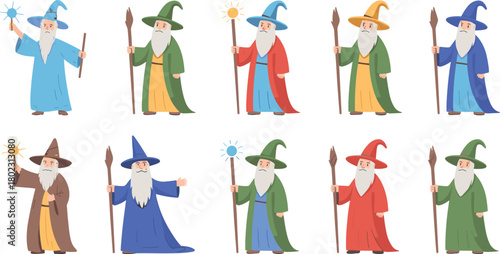 Set of cartoon wizard illustrations showing fantasy characters with magic staffs, colorful robes, and hats for fairytale and fantasy design