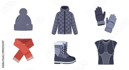 Winter clothing essentials: hat, jacket, gloves, scarf, boots, thermal layer for cold weather
