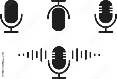 Various Microphone Icons for Podcast Recording Radio Broadcasting and Sound Communication Vector Illustration