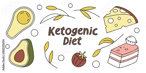 Vibrant ketogenic diet icons featuring fresh avocado, rich cheese, and sweet dessert elements for healthy eating inspiration