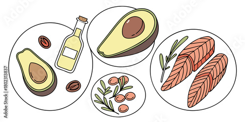 Vibrant culinary ingredients like fresh salmon, avocado, olive oil, and olives inspire healthy recipes and delicious meals for modern kitchens.