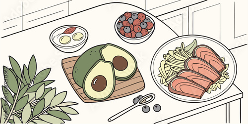 Fresh, healthy ingredients for a delicious meal preparation featuring avocado, salmon, berries, and olives, perfect for culinary inspiration