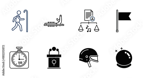 Diverse outline icons featuring hiker, justice, sports, stopwatch, and flag
