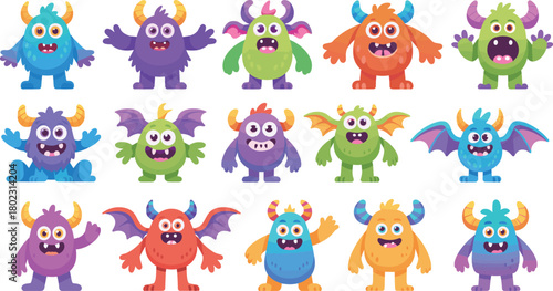 Set of cute cartoon monsters with colorful designs, funny fantasy creatures, adorable characters, kids illustration, and playful fantasy art
