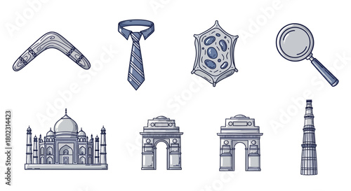 Iconic indian monuments and everyday objects in detailed line art style