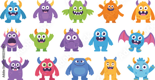 Set of cute cartoon monsters with colorful designs, funny fantasy creatures, adorable characters, kids illustration, and playful fantasy art