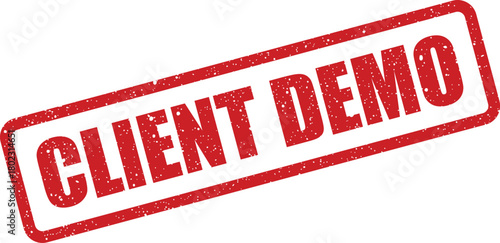 A prominent red grunge rubber stamp shows the important phrase CLIENT DEMO angled on a clean white backdrop