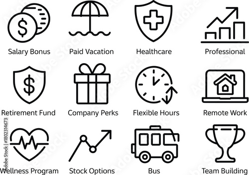 Set of employee benefit icons including salary bonus, paid vacation, healthcare, retirement fund, remote work, wellness program, and team building