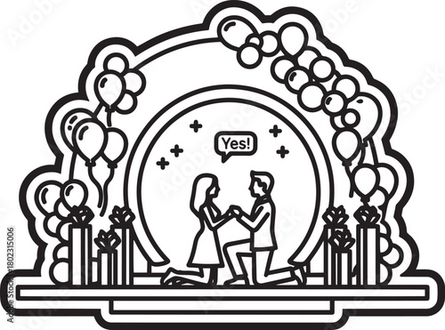 Couple kneeling gets engaged with balloon decorations line art transparent