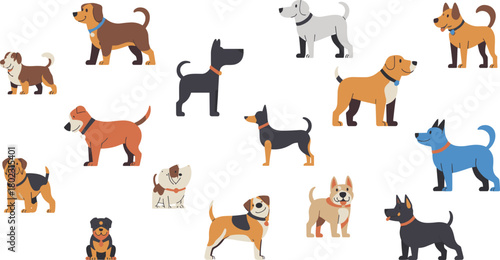 Set of fifteen cute cartoon dogs in various breeds and colors, playful domestic pets illustration collection on white background