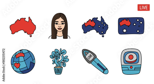 Live streaming theme with australia map and icon set in hand drawn style