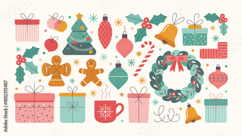 Christmas festive vector set with gifts, wreath, ornaments, holly, gingerbread and holiday decorations