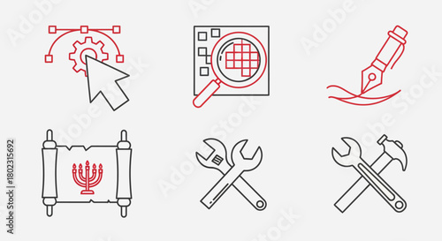 Outline design tools and repair symbols with creative and technical icons