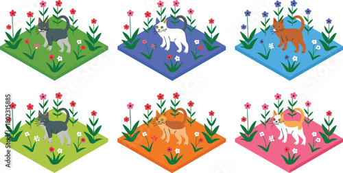 Set of six isometric garden scenes featuring cute cats walking among colorful flowers, plants, and grass in vibrant designs