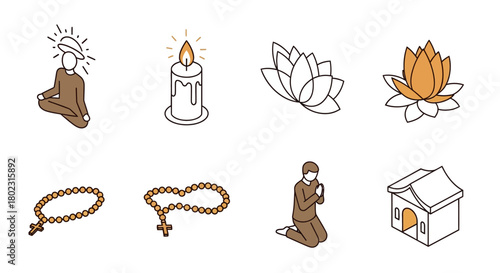 Minimalist religious symbols: meditation, prayer, and spirituality icons