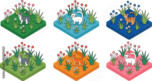 Set of six isometric garden scenes featuring cute cats walking among colorful flowers, plants, and grass in vibrant designs
