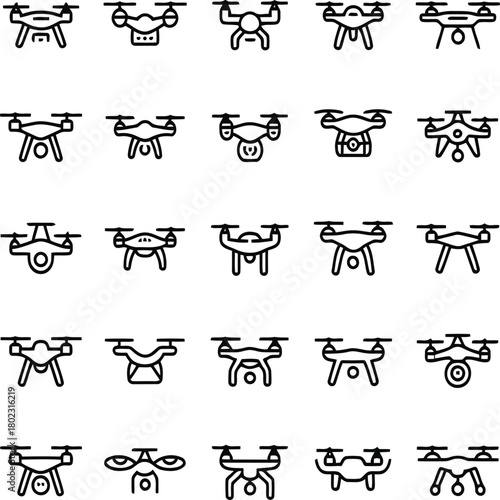 Drone and Quadcopter Icons Keywords: drone, quadcopter, aerial vehicle, aircraft, flying machine, technology, photography, surveillance, delivery