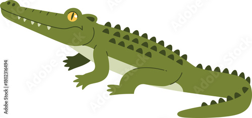 Simple cartoon illustration of a green crocodile with open mouth showing teeth, cute flat animal character on white background