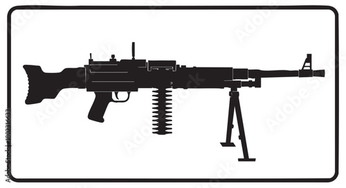 Black silhouette icon of a heavy machine gun with a bipod and ammunition belt, isolated on a white background