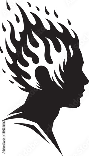 Silhouette of burning head depicting intense thoughts, passion, or creative fire theme