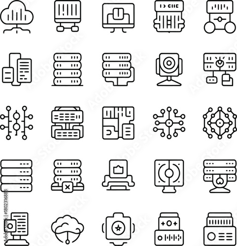 Technology icons including cloud, server, and security elements