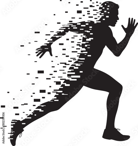Silhouette of running man transforming into particles conveying motion and speed