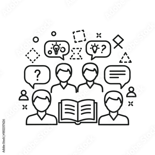 Collaborative learning and brainstorming session line art icon. people discussing ideas, questions, and knowledge.