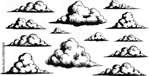 Vintage black and white cloud illustration set showing hand drawn fluffy cumulus clouds in sketch engraving style for design use