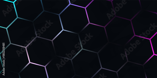 Dark hexagon abstract technology background with blue and pink colored bright flashes under hexagon. Hexagonal gaming vector abstract tech background.