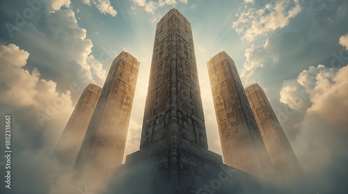 Ancient stone towers rising above clouds with sunlight rays