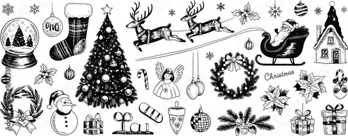 Vintage black and white Christmas illustration set with Santa sleigh reindeer snowman Christmas tree wreath gift house holiday elements