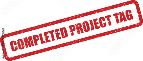 A prominent red rectangular stamp displaying the text COMPLETED PROJECT TAG against a bright white backdrop