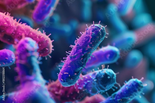 Microscopic view of rod shaped bacteria with pili, causing infectious disease