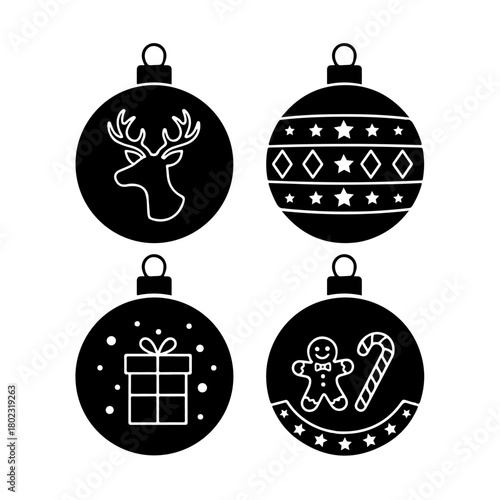 Christmas ornament silhouettes with white festive icons including reindeer, gift, and gingerbread man.
