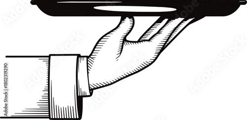 Vintage black and white illustration of waiter’s hand holding serving tray, elegant hospitality design element for restaurant, service, and menu graphics