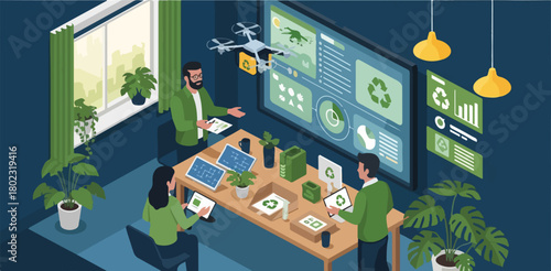 Eco Startup Founders Presenting Biodegradable Product Design — Semi-Isometric Vector