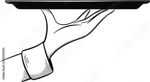 Vintage black and white illustration of waiter’s hand holding serving tray, elegant hospitality design element for restaurant, service, and menu graphics