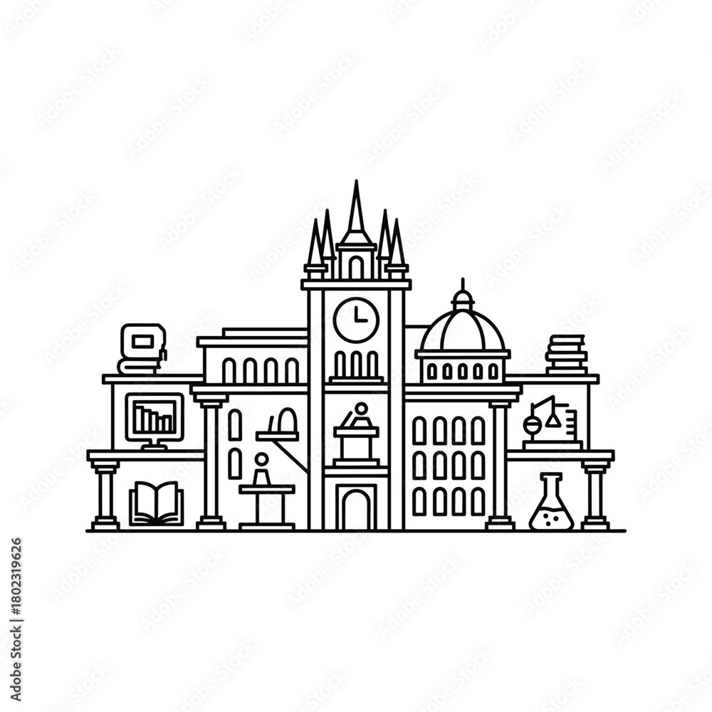 Obraz premium Modern linear illustration of an academic institution, representing knowledge, research, and diverse fields of study.