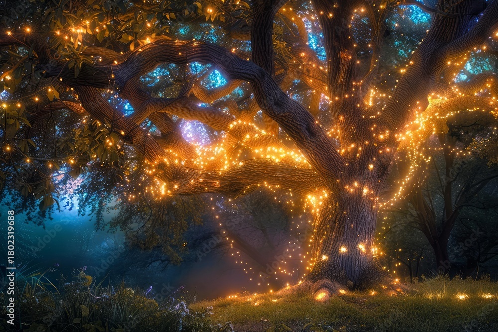 Naklejka premium Glowing fairy lights adorn a majestic oak tree in a magical, enchanted forest, creating a breathtaking nocturnal scene