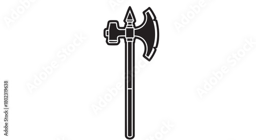A black and white line art icon of a medieval poleaxe or halberd. Simple vector illustration of a historical knight's battle weapon for fantasy or warfare concepts